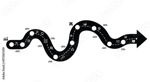 Black winding road with icons representing a journey or process flow