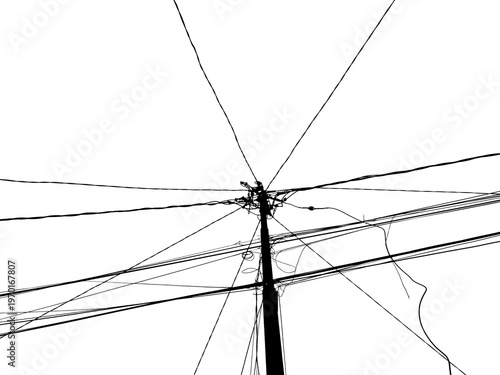 Obraz na plátně Silhouette of an electric power pole with messy tangled cables against a white background