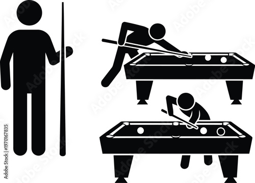 Billiard player icons showing a person standing with a cue and others playing at pool tables.