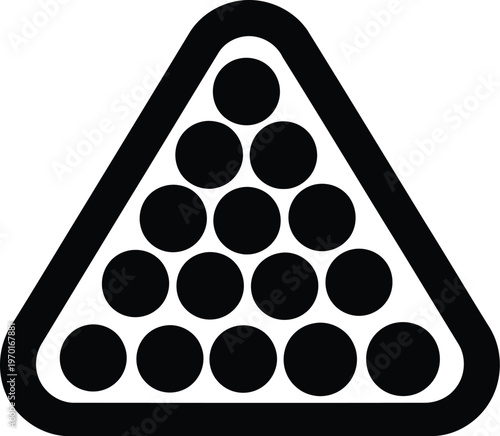 Black and white icon of a billiard ball rack with fifteen balls inside a triangle frame.