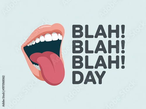 A graphic illustration of an open mouth with tongue out saying blah blah blah on light blue background
