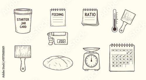 Hand drawn kitchen scale measuring tools and ratio icons isolated on transparent background