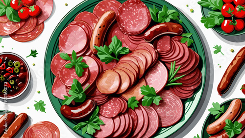 Assorted cold cuts platter with sausages and fresh herbs on a green plate