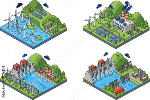 Isometric Renewable Energy Infrastructure Set Featuring Wind Turbines, Solar Panels, Hydroelectric Dam, and Eco Friendly Power Plant for Sustainable Industrial Design Projects