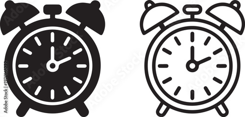 Clock icons in black and white show timekeeping design elements for various uses in modern digital and print media