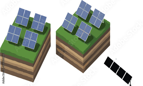 Isometric Solar Panel System on Cross Section Ground Layers for Sustainable Energy Infrastructure, Renewable Power Technology, Green Environment, and Industrial Vector Illustration Designs