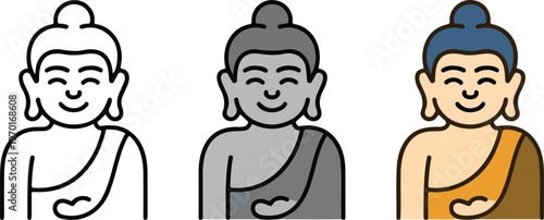 Minimalist Buddha Statue Icon Set Featuring Three Stylized Zen Designs In Outline Solid Black And Golden Color Styles For Meditation Wellness Graphic Design