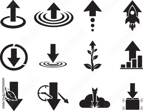 Clean increase decrease arrow icon set for finance analytics charts isolated background