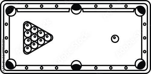 Simple black and white line drawing of a billiard table with balls in a rack
