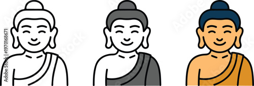 Minimalist Buddha Statue Icon Set Featuring Three Stylized Zen Designs In Outline Solid Black And Golden Color Styles For Meditation Wellness Graphic Design