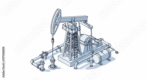 Isometric Oil Pump Jack Technical Illustration - 3D Line Art Nodding Donkey for Petroleum Energy Industry and Fossil Fuel Extraction Concepts