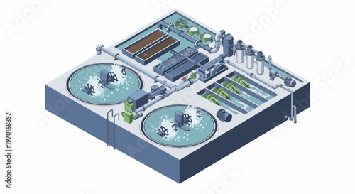 Isometric Wastewater Treatment Plant and Industrial Water Filtration Facility Infrastructure Illustration