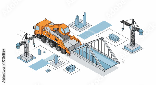 Isometric Construction Site Illustration with Heavy Duty Crane Truck, Bridge Segment, and Tower Cranes for Infrastructure Development