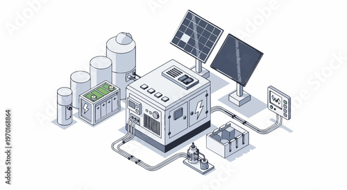 Isometric Renewable Energy System with Solar Panels, Battery Storage, and Power Generator Infrastructure Illustration