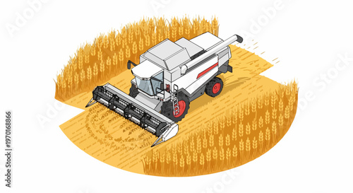 Isometric Combine Harvester in Golden Wheat Field Illustration, Modern Agricultural Machinery and Farming Industry Concept Vector on White Background