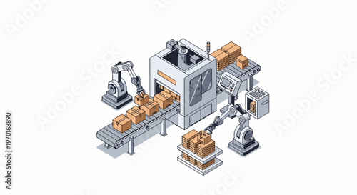 Automated Smart Factory Illustration with Robotic Arms, Conveyor Belt, and Packaging Machine in Isometric Line Art Style for Logistics and Manufacturing Concepts