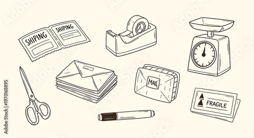 Vintage sketch of various kitchen scales and measuring tools isolated on transparent background