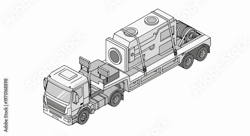 Isometric Line Art of Heavy Duty Truck Transporting Industrial Machinery on a Flatbed Trailer