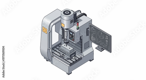Isometric CNC Milling Machine Illustration for Industrial Manufacturing, Precision Engineering, and Automated Metalworking Technology
