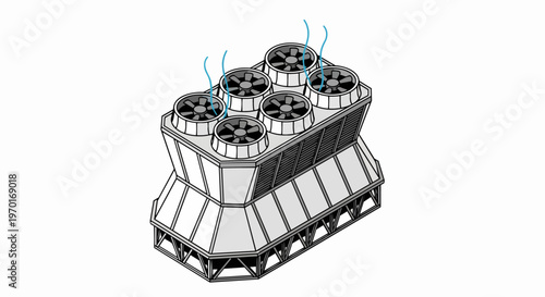 Isometric Industrial Cooling Tower Illustration with Six Ventilation Fans for HVAC Systems