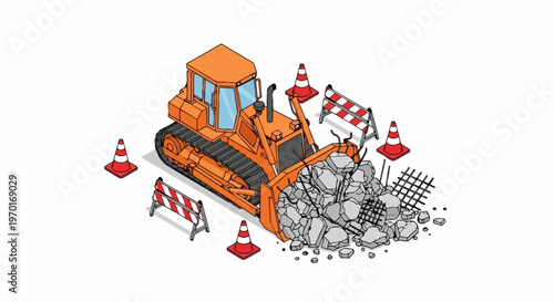 Isometric Bulldozer Clearing Demolition Rubble and Construction Debris with Safety Cones and Barriers Isolated on White Background