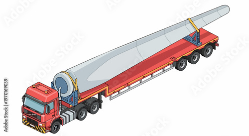 Isometric Heavy Duty Truck Transporting Wind Turbine Blade on Flatbed Trailer, Renewable Energy Logistics Illustration