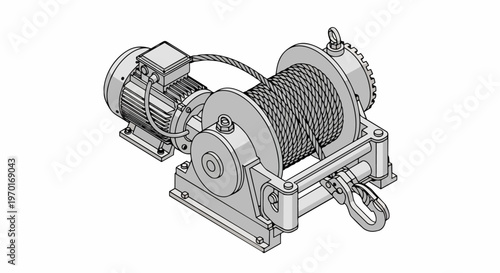 Isometric Illustration of an Industrial Electric Winch with Steel Cable and Hook; Technical Vector Drawing for Engineering and Construction Machinery