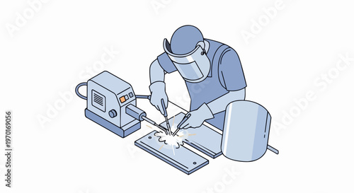Professional Welder in Protective Gear Working on Metal Plates with Welding Machine, Minimalist Vector Illustration of Industrial Metalworking Process