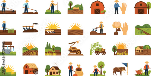 Set of Farming and Agriculture Icons with Fields, Harvesting, and Rural Life