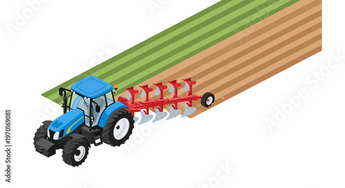 Isometric Blue Tractor with Red Plow Cultivating Soil in Striped Field, Modern Agriculture Vector Illustration