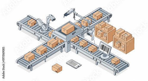 Industry 4.0 Concept: Automated Warehouse Fulfillment Center with Robotic Arms and Smart Scanning System Isometric Illustration