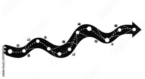 Black and white illustration of a winding arrow with circular nodes