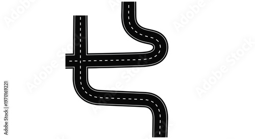 Simple black and white illustration of a winding road with a t intersection