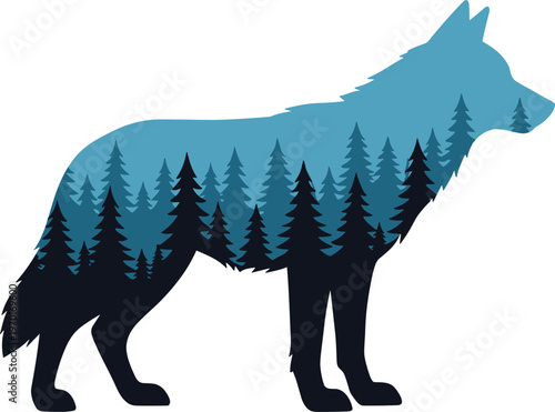Wolf Double Exposure Forest Silhouette Wildlife Nature Logo Icon Vector Illustration