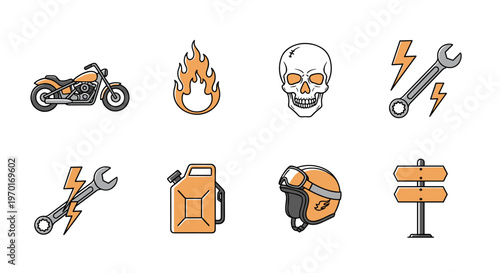 Motorcycle icons set with skull, flames, tools, and gas can