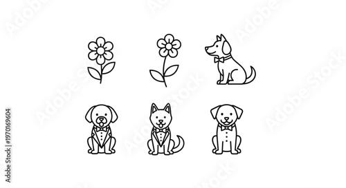 Cute dog and flower icons in a simple line art style