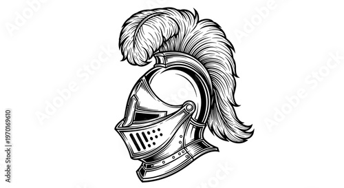 Ornate medieval knight's helmet with plume, black and white illustration