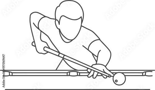 Minimalist black and white line art illustration of a person aiming a cue at a pool ball.