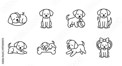 Collection of cute puppy icons showing various activities and emotions