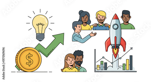 Business growth and startup success with teamwork, ideas, and financial investment