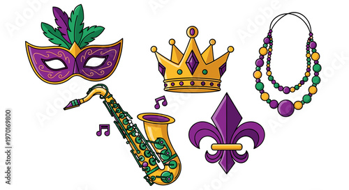 Mardi Gras Icons: Mask, Crown, Saxophone, Beads, and Fleur-de-lis