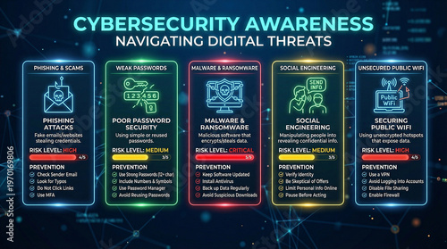 Cybersecurity awareness, digital threat navigation, online safety, security measures, threat types