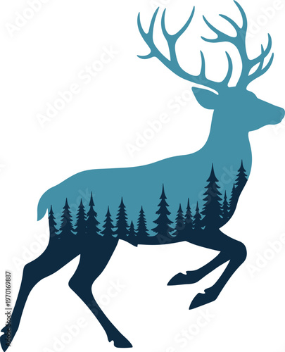 Deer Double Exposure Forest Silhouette Wildlife Logo Icon Nature Vector Illustration