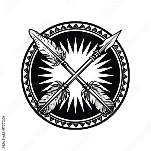 Black and white vector emblem featuring two crossed flu-flu arrows with feathered fletching, encircled by a decorative tribal sunburst design, symbolizing archery and tradition.
