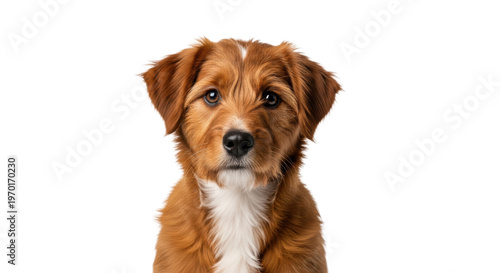 fluffy young mixed-breed dog with auburn fur and a white chest blaze, captured in a bright high-key studio portrait, tilting its head inquisitively and looking at the camera, conveying curiosity and