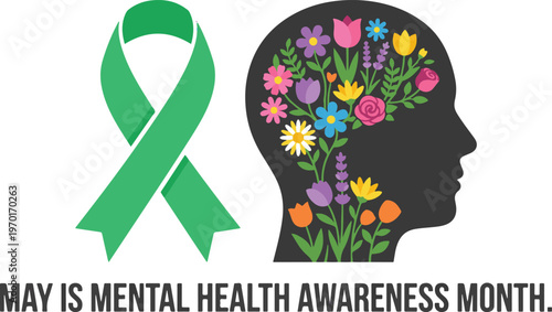 May is Mental Health Awareness Month Illustration with Green Ribbon and Floral Brain Profile
