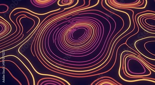 Abstract topographic map with vibrant neon contour lines on a dark background, representing elevation and geographical data in a digital art style