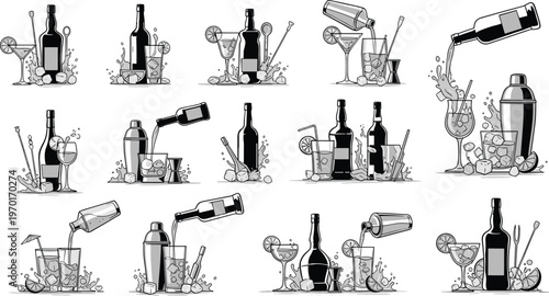 Cocktail making vector set with pouring drinks shaker bottles glasses and bar tools, mixology process illustrations collection isolated on white background