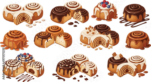 Cinnamon roll dessert collection with icing drizzle chocolate topping and filled pastries, detailed bakery sweet buns vector set isolated on white background