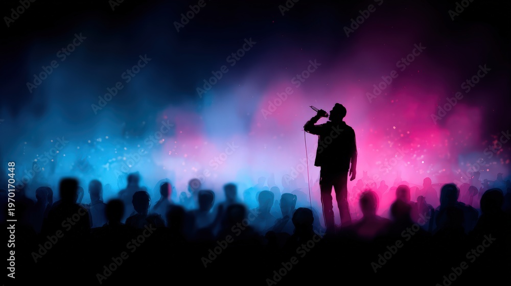 Fototapeta premium Silhouette of a male vocalist performs on stage before a large crowd illuminated by vibrant neon lights.